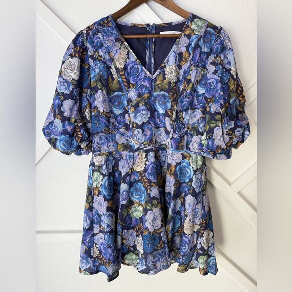 NWT Rachel Parcell Floral Linen Blend V-Neck Puff Sleeve Mini Dress Size 16 - Picture 2 of 13